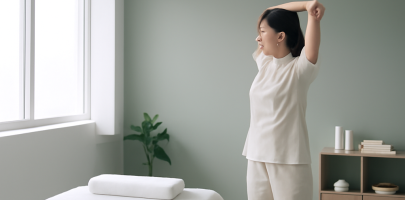 테라피스트가 넓은 공간에서 준비 운동을 하는 모습
