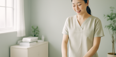 테라피스트가 전문적인 환경에서 근무 준비를 하는 모습