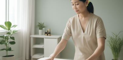 테라피스트가 넓고 깔끔한 마사지 공간에서 준비하는 모습