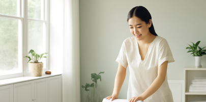 테라피스트가 밝고 넓은 작업 공간에서 준비하는 모습
