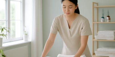 테라피스트가 마사지샵에서 근무 준비를 하는 넓은 작업 공간 풍경