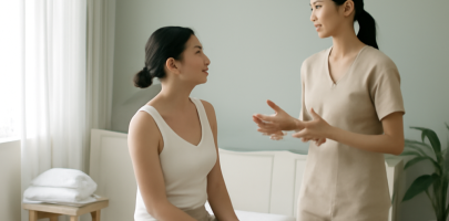 테라피스트가 고객과 집중적으로 소통하며 업무에 임하는 전문적인 마사지실 전경