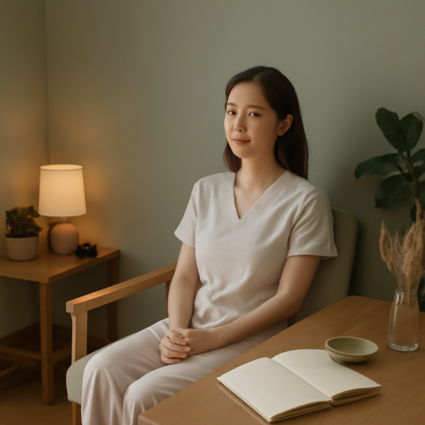 테라피스트가 조용하고 정돈된 공간에서 휴식하는 모습
