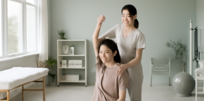 테라피스트가 조명 밝은 치료실에서 스트레칭하는 모습