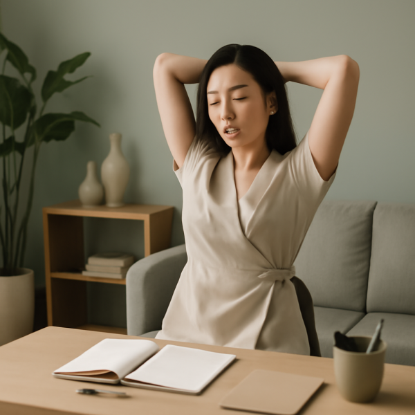 테라피스트가 업무 후 휴식하며 스트레칭하는 편안한 공간 모습