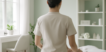 테라피스트가 넓은 업무 공간에서 체력 관리를 준비하는 모습