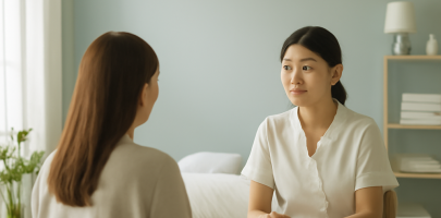 테라피스트가 클라이언트와 소통하며 업무에 집중하는 밝은 작업 공간