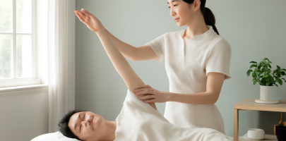 테라피스트가 조용한 공간에서 준비 운동을 하는 모습