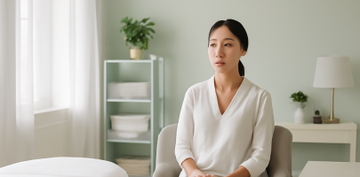 테라피스트가 조용한 공간에서 심호흡하며 에너지 충전하는 모습