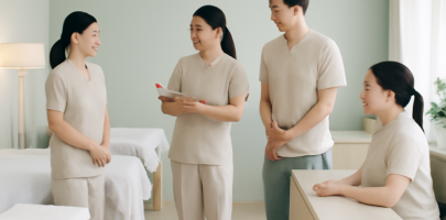 테라피스트들이 밝은 분위기에서 원활하게 소통하는 모습